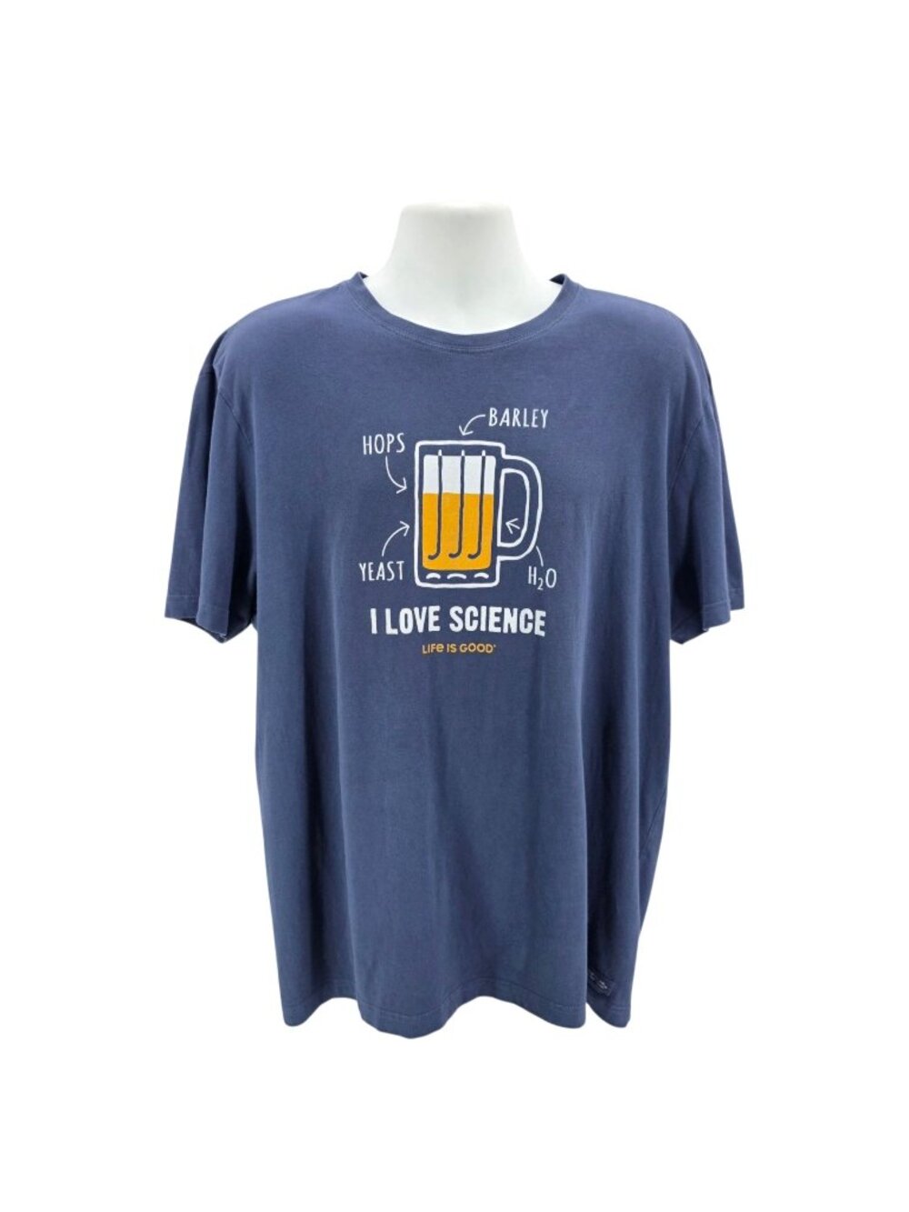 Life Is Good Mens XL Shirt Crusher Tee Beer Ingredients I Love Science Blue